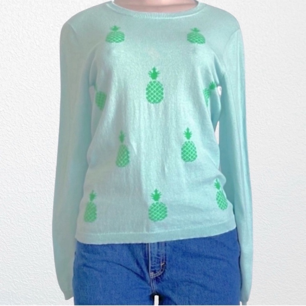 Two Bees Cashmere Allover Pineapple Print Pullover Sweater Aqua SZ M - Picture 3 of 10